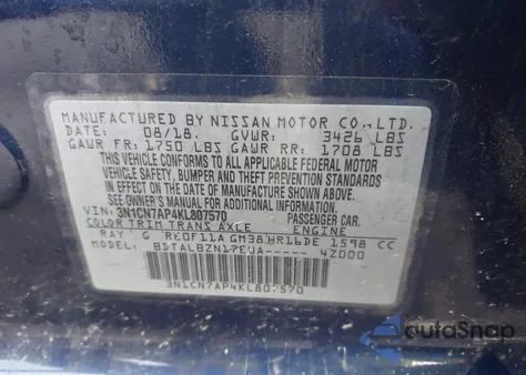 2019 Nissan Versa 1.6 Sv from USA, damaged, VIN 3N1CN7AP4KL807570